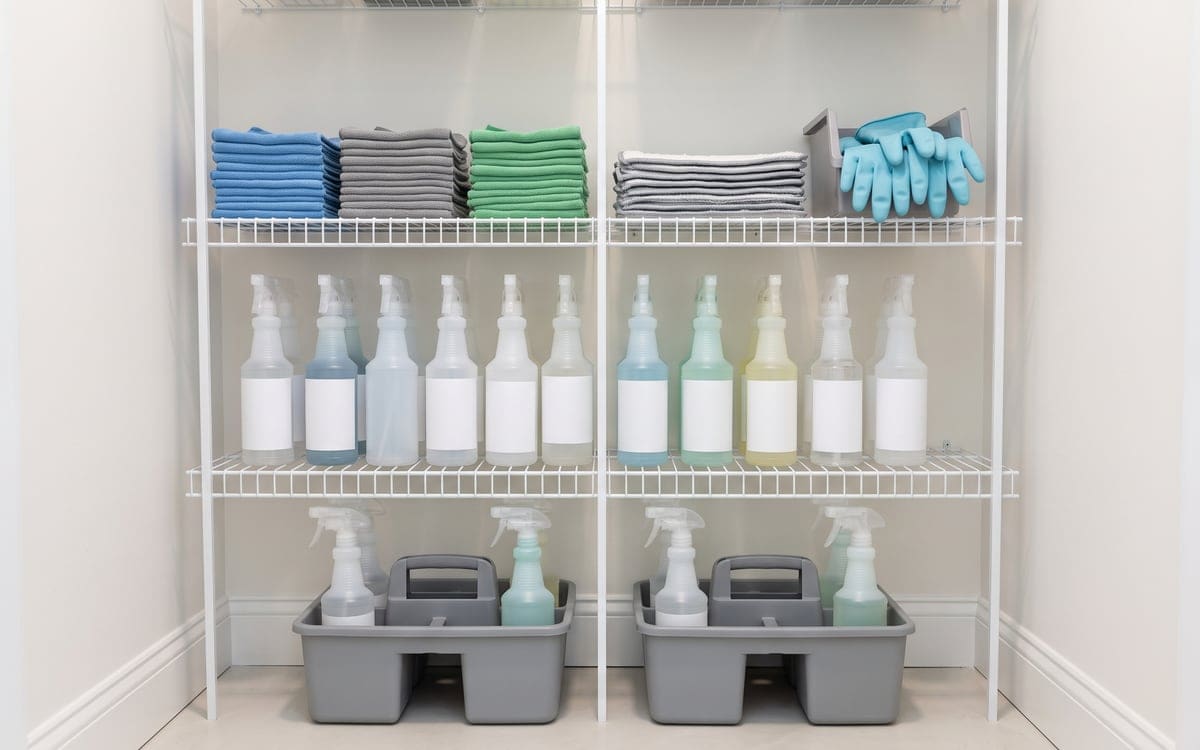 A white wire shelving unit holding house cleaning supplies: stacks of blue, gray and green microfiber cloths, rows of spray bottles with blank labels, blue gloves and two gray caddies.