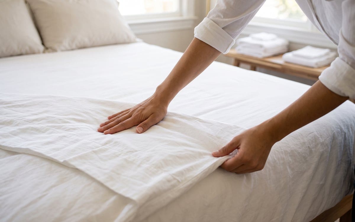 Two bare hands smooth a white sheet over a made bed during Airbnb cleaning, folded towels stacked on a wood bench by the window.