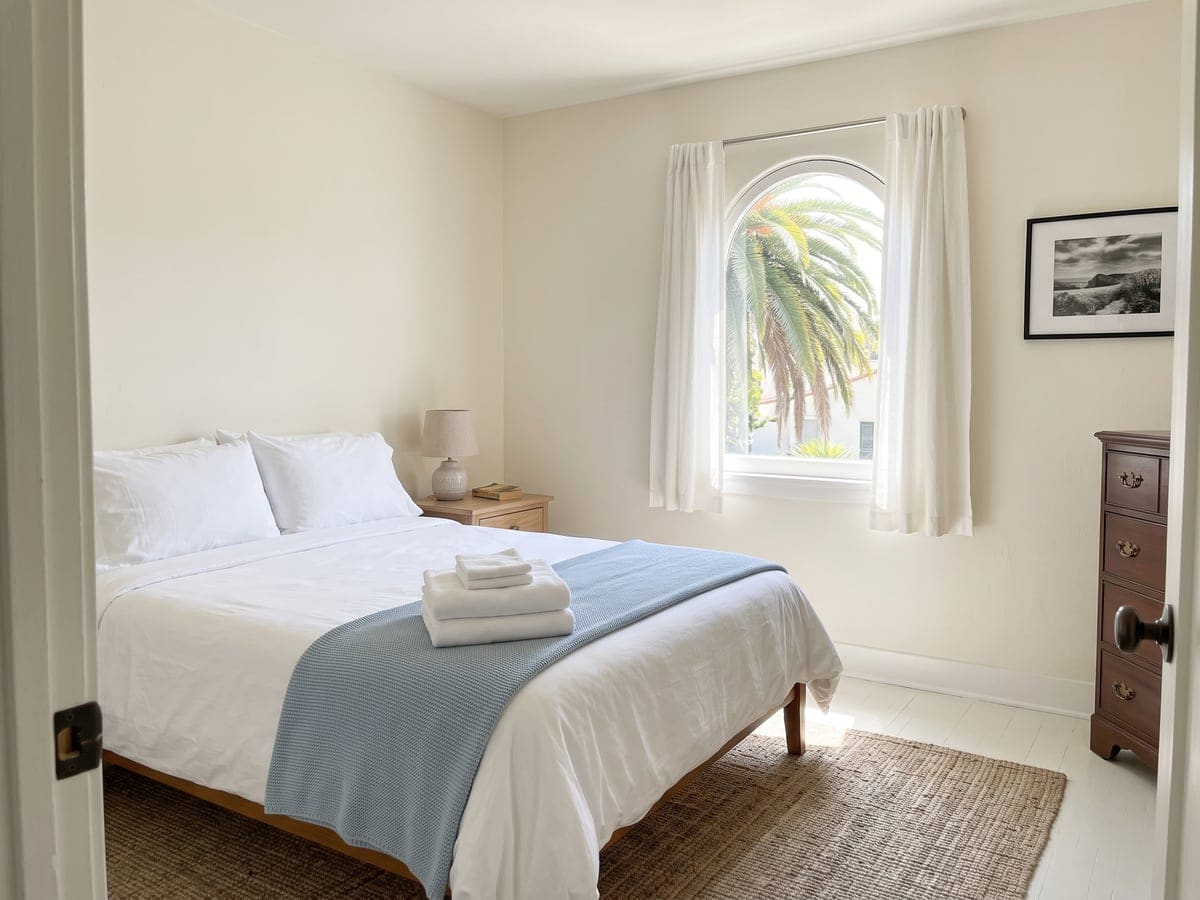 Airbnb cleaning in Los Angeles: a guest bedroom reset with white linens, folded towels on a blue throw and an arched window onto a palm.