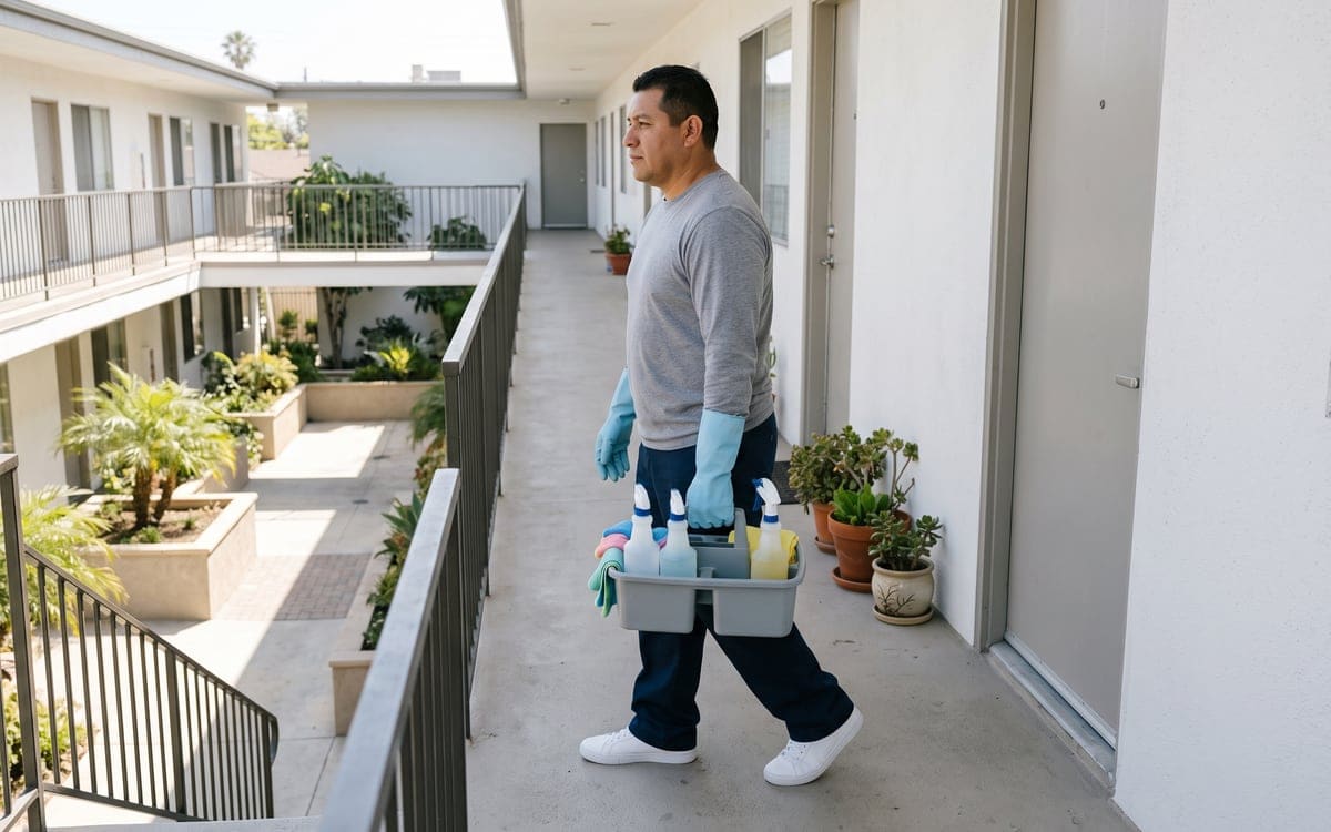 Apartment cleaning service at a courtyard building: a man in blue gloves carries a caddy along the outdoor second-floor walkway past potted plants and unit doors.