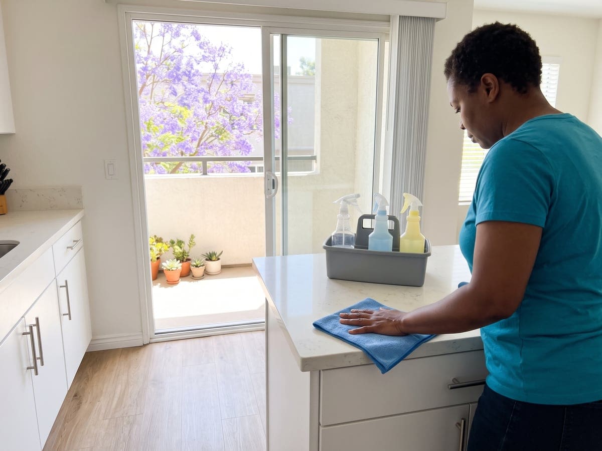Apartment cleaning service in Los Angeles: a woman wipes the quartz counter with a blue cloth beside a caddy, a jacaranda in bloom past the balcony door.