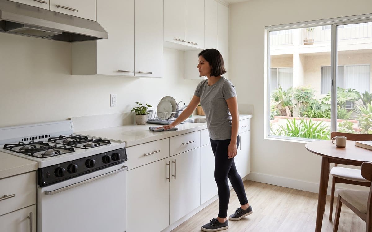 Apartment cleaning tips for a Los Angeles kitchen start at the counter, where a woman wipes beside a dish rack and a courtyard window.