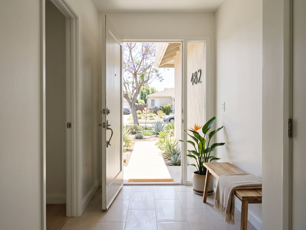 A ranch house front hall in Los Angeles ready for house cleaning, its door open to a sunny walk, the number 482 on the wall.