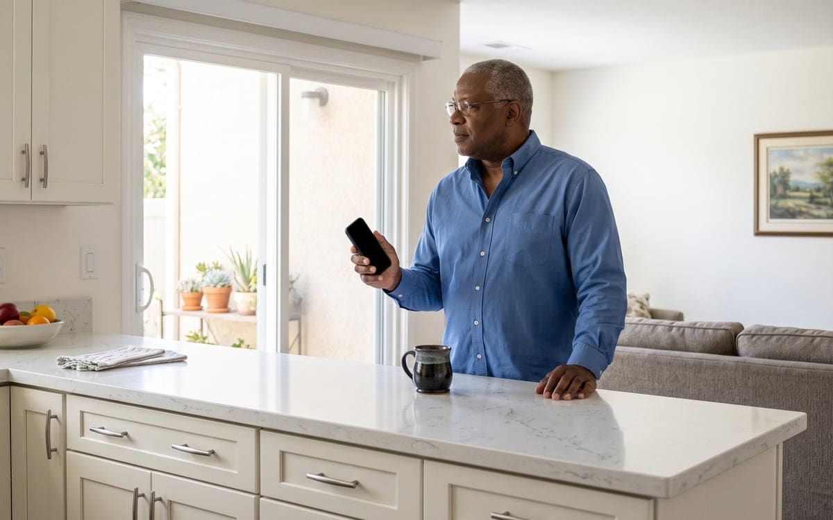 Looking up a house cleaning phone number: a man in glasses holds a phone at a white kitchen counter, a mug beside him, the patio behind.