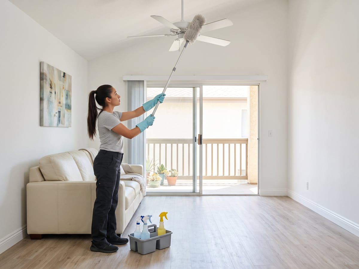 Deep cleaning service in a Los Angeles living room: a woman in blue gloves dusts the ceiling fan with an extendable duster, her caddy on the floor.