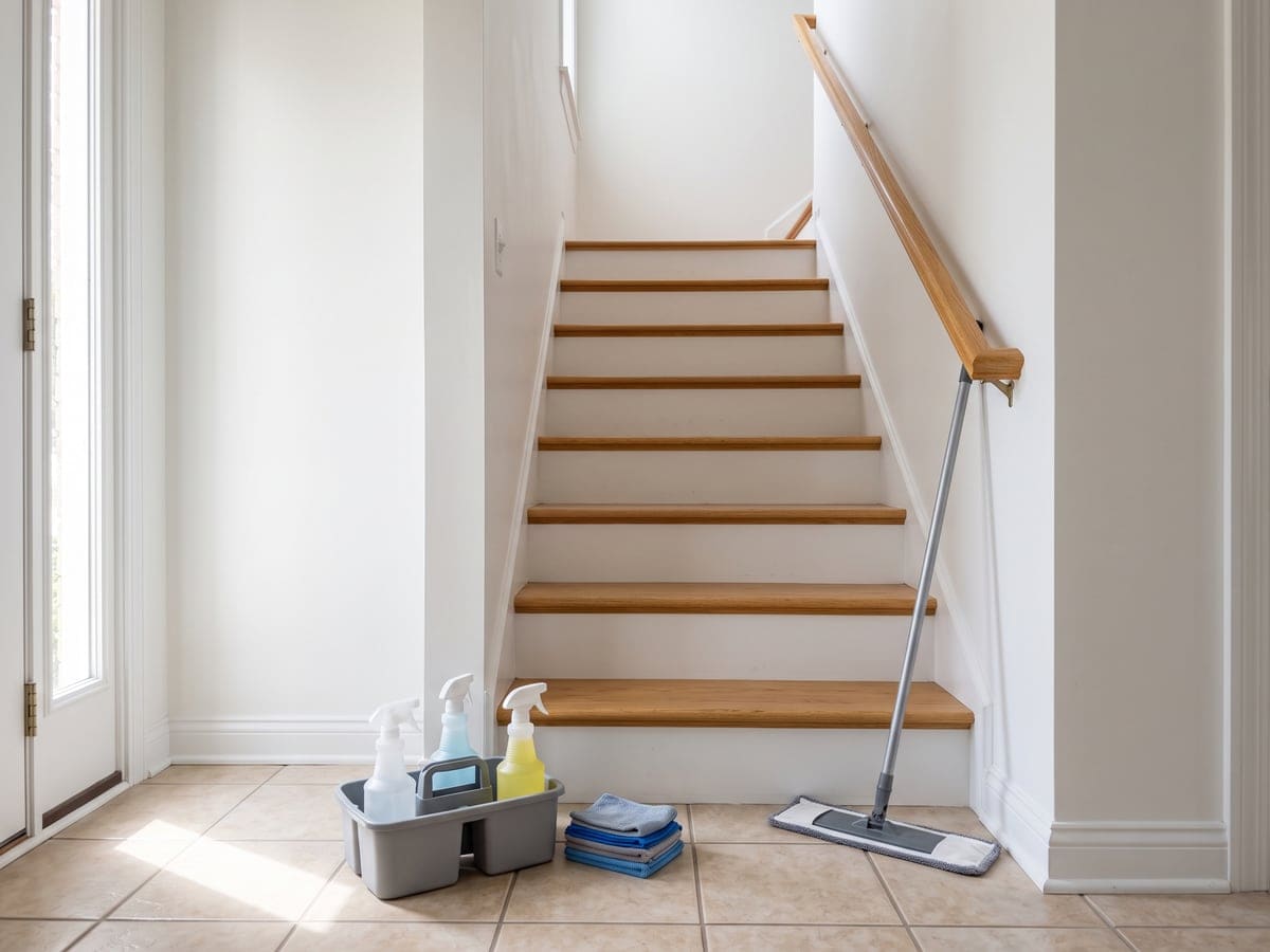 House cleaning questions for Los Angeles homes, with a caddy, folded cloths and a flat mop waiting at the foot of a bright staircase.