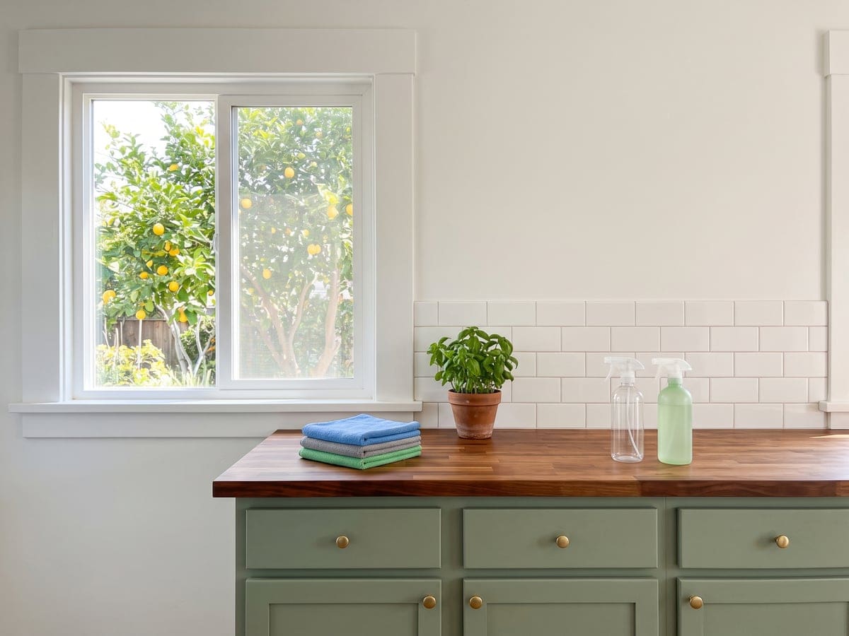Green cleaning service in a Los Angeles kitchen: three folded cloths, a pot of basil and two spray bottles, one clear and one pale green, on a butcher block counter by a window onto a lemon tree.