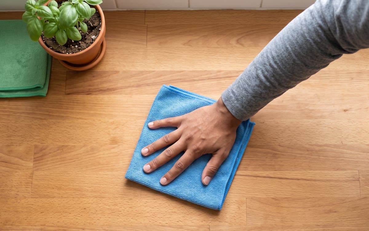 Green cleaning service basics: a bare hand wipes a butcher block counter with a blue microfiber cloth, a pot of basil and a green cloth nearby.