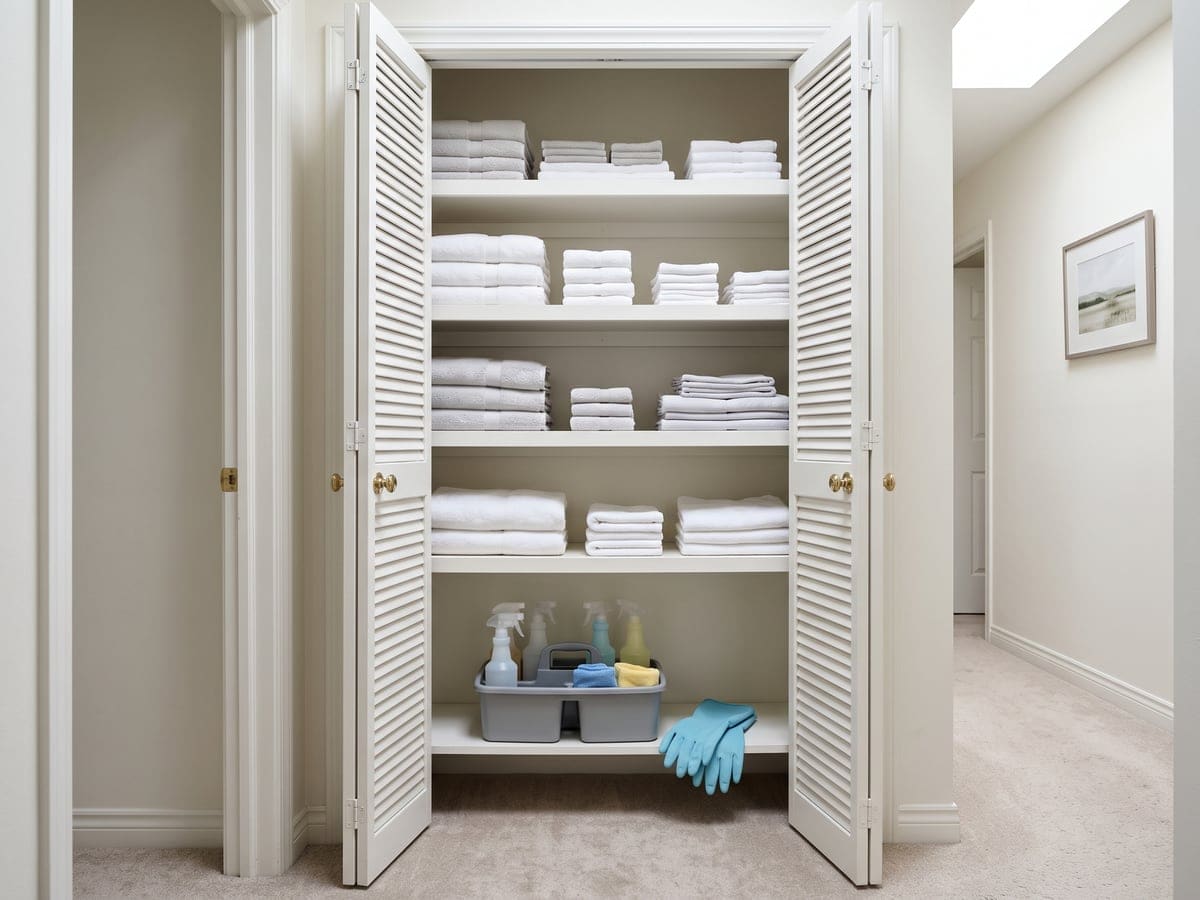 House cleaning guides for Los Angeles homes, shown with a linen closet of stacked towels and sheets and a supply caddy on the bottom shelf.