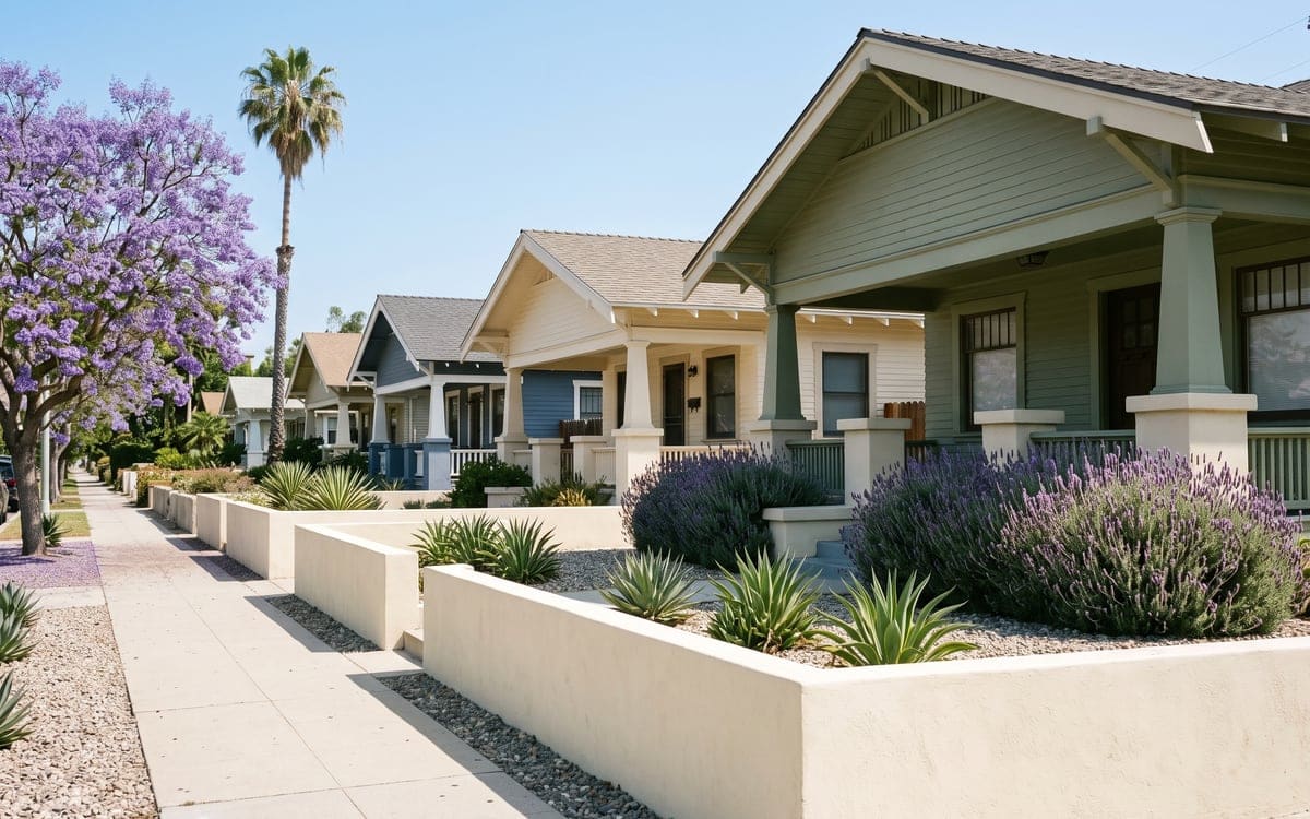Sunny street of Craftsman bungalows with deep porches, a jacaranda in purple bloom and lavender in the front yards, typical homes for house cleaning services.