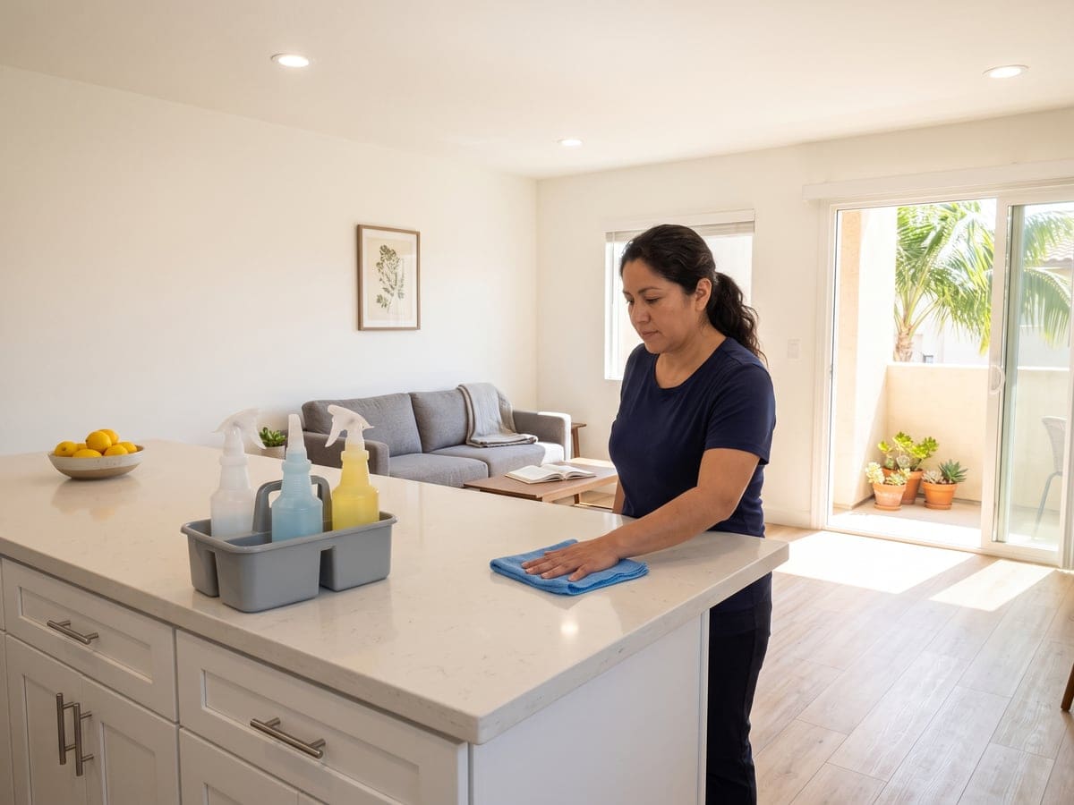 House cleaning services in a Los Angeles condo: a woman wipes the quartz island with a blue cloth beside a supply caddy, the balcony door open behind her.