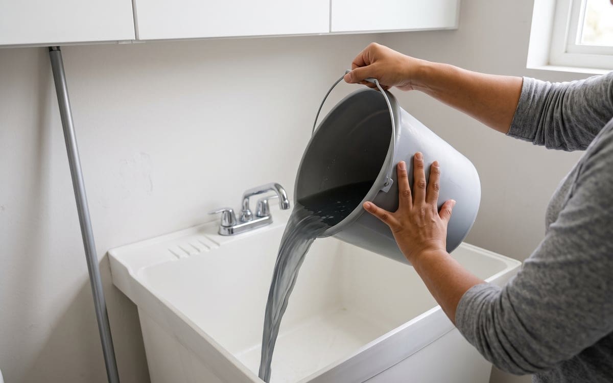 House cleaning services at the laundry sink: bare hands tilt a gray bucket of used water over a white sink under a window.