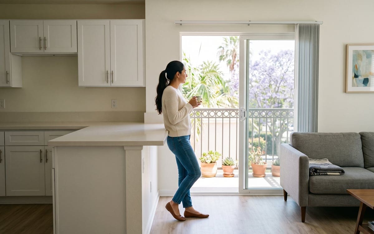 House cleaning cost in Los Angeles: a woman holding a mug stands beside the kitchen counter looking out the balcony door of her bright condo.