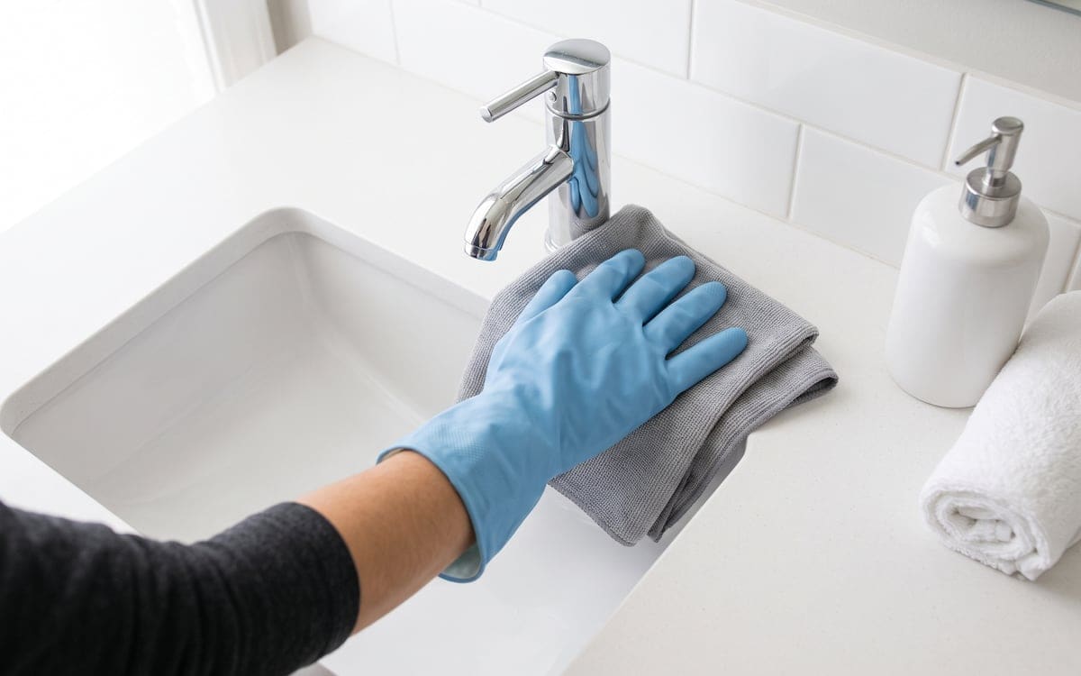 On a maid service visit, a blue-gloved hand wipes around a chrome bathroom faucet with a gray cloth, a soap pump and rolled towel beside it.