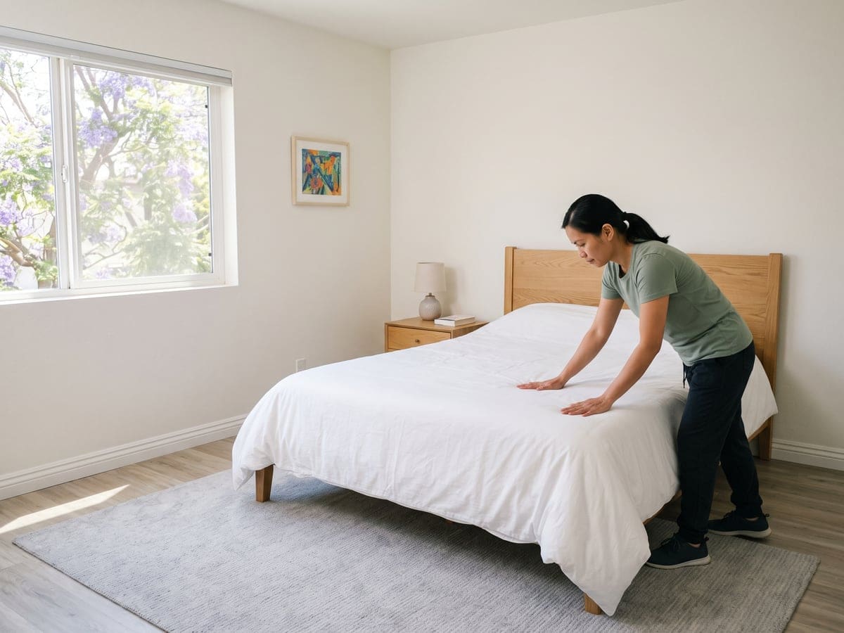 A woman smooths a white duvet on a light wood bed as maid service gets a Los Angeles bedroom ready, a jacaranda in bloom at the window.