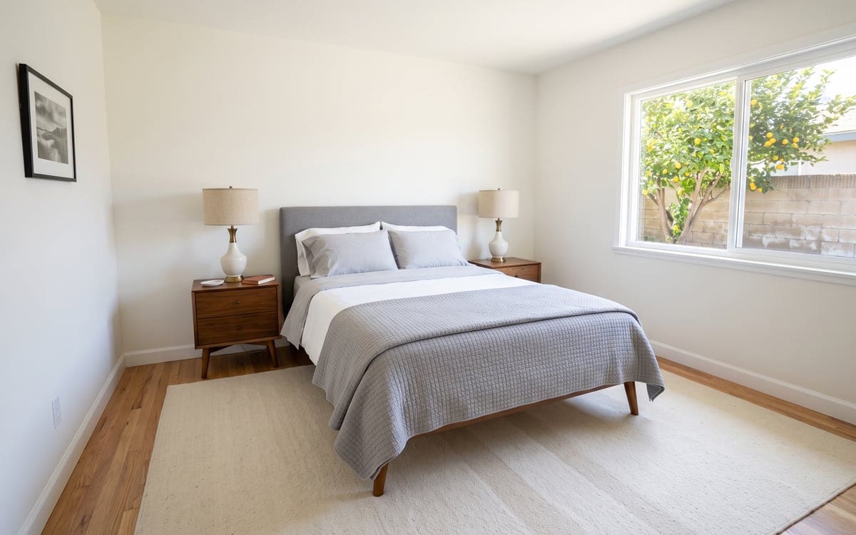 A made bed in gray and white between two walnut nightstands, a lemon tree in the window, the room as maid service leaves it.