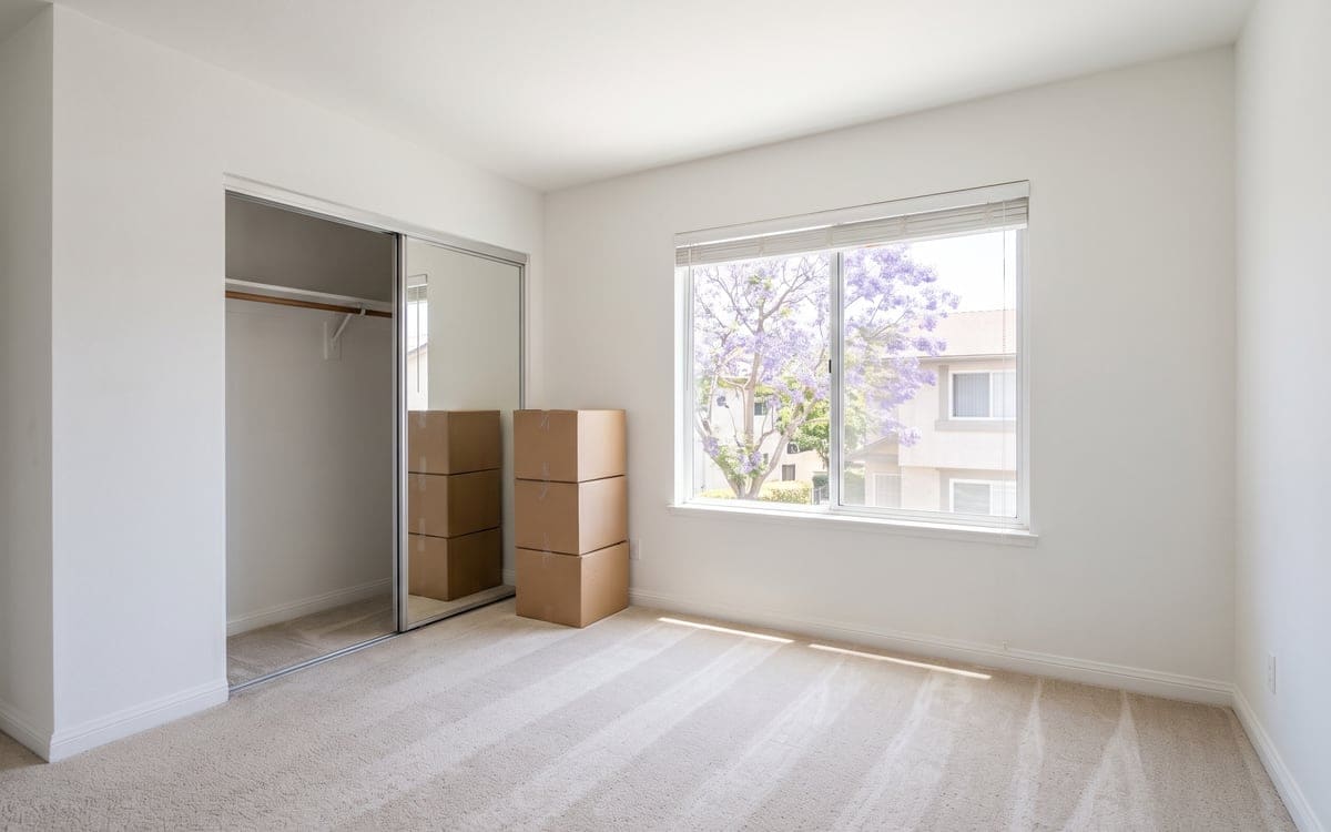 A move out cleaning checklist for a Los Angeles bedroom: boxes stacked by the window, a jacaranda outside and the closet open on a bare rod.