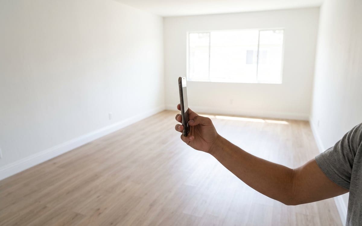 A hand holds up a phone in an empty room with white walls and plank floors, photographing it for a move out cleaning checklist.
