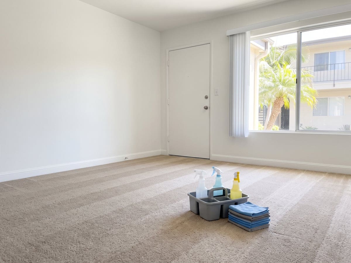 Move out cleaning done in an empty Los Angeles apartment, with vacuum lines in the carpet and a caddy and folded cloths on the floor.
