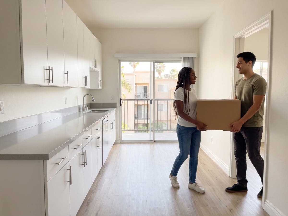 A woman and a man carry a cardboard box into a bright, empty apartment kitchen after move out cleaning, the balcony door behind them.