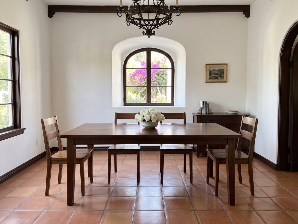A Los Angeles dining room after a one time cleaning service, with a polished wood table, white roses and an arched window onto pink bougainvillea.