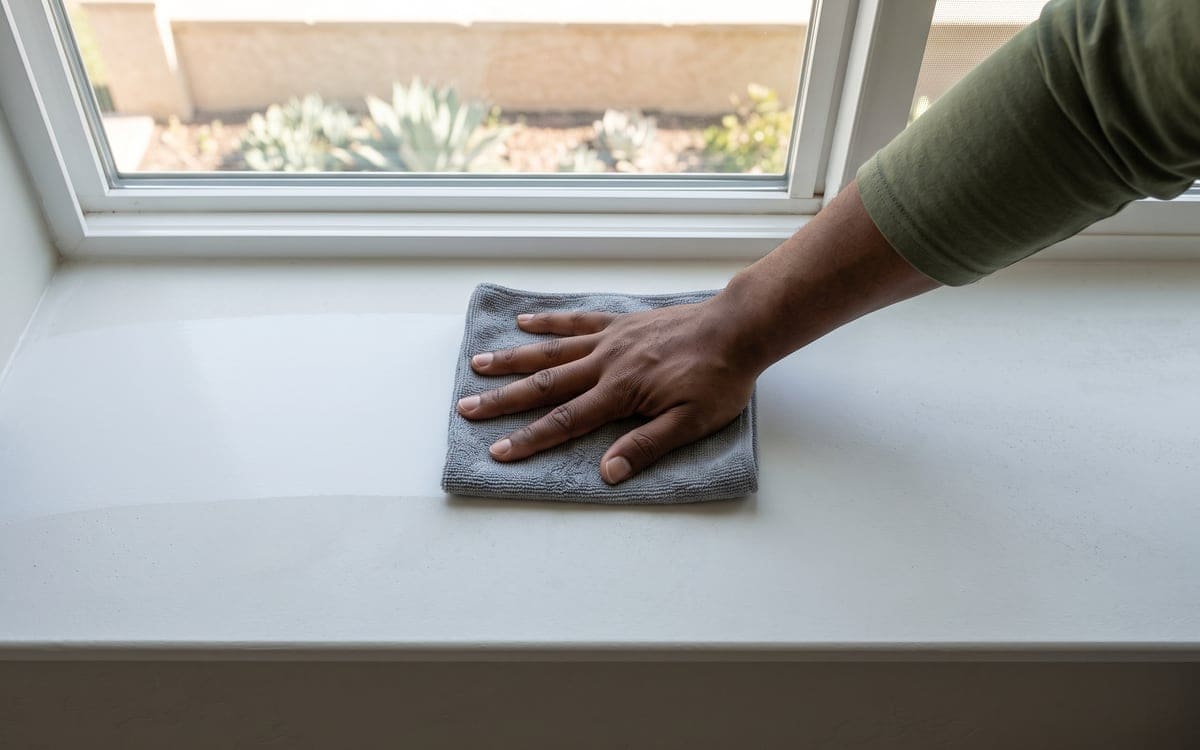 A gray cloth under a bare hand clears a lane across a white window sill during post construction cleaning, agave in the yard outside.