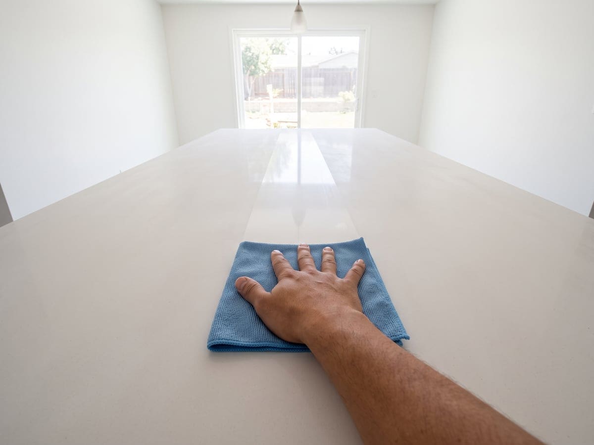 Post construction cleaning in Los Angeles: a bare hand and blue cloth leave one glossy lane through dust on a white counter, a sliding door beyond.
