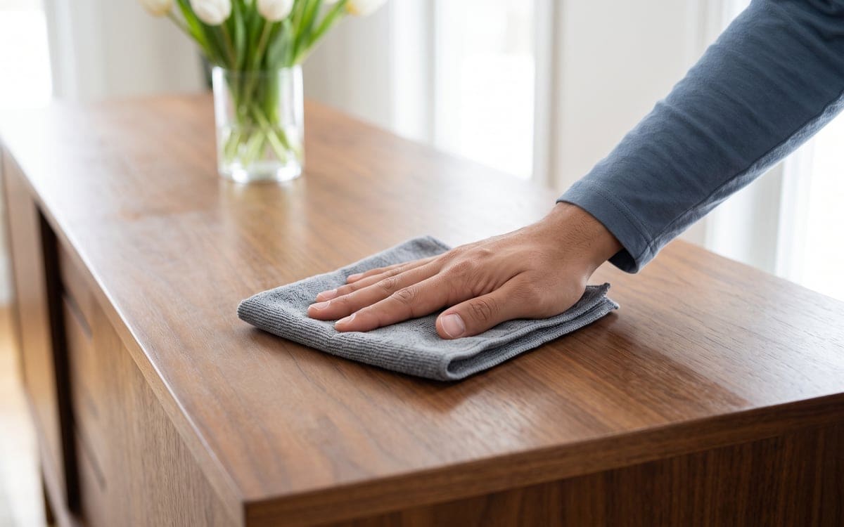 Dusting a walnut sideboard on a weekly cleaning service visit: a bare hand with a folded gray cloth, and white tulips in a glass vase behind.