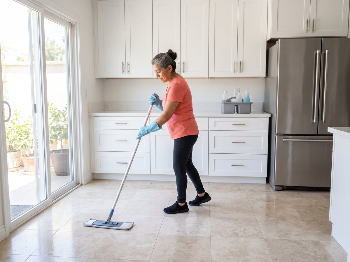 Weekly cleaning service in a Los Angeles kitchen, a woman running a flat mop over beige tile beside a sliding door and potted citrus trees.