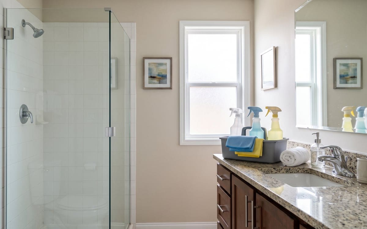 What does a deep cleaning include? A Los Angeles bathroom with clear shower glass, white tile and a supply caddy of cloths on the granite vanity.